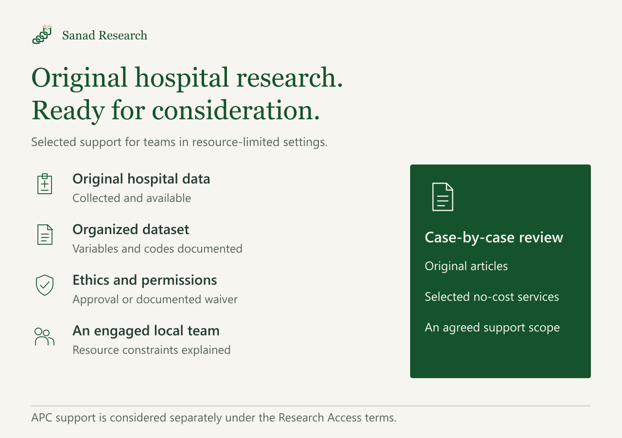 Research Access considers original hospital research with available organized data, documented ethics and permissions, and an engaged local team facing resource constraints. Support is selective; APC support is a separate decision.